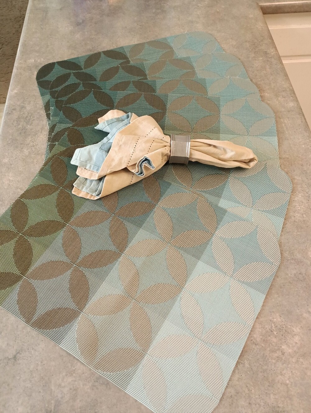 NWT Pier 1 Imports 6 Teal Blue, Aqua & Taupe Placemats & 8 Teal & Taupe Napkins